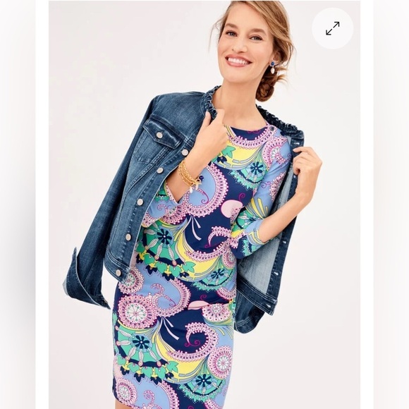 Talbots Spiral Paisley blue jersey knit stretch 3/4 sleeve Knee Length dress - Picture 2 of 10